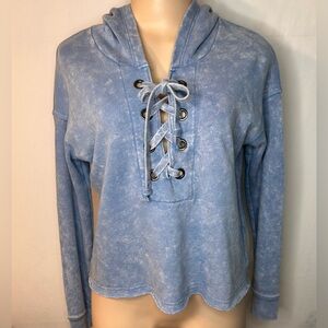 American Eagle Outfitters Women's Blue White Washed Lace-up Front Hoodie SZ S